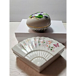 Danbury Mint Japan Easter Egg Ceramic Container & Avon White Fan Glass Container